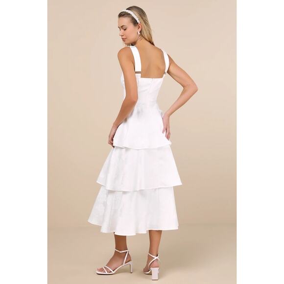 NWT Lulus Elinore White Jacquard Tiered Midi Dress Wedding Cocktail Size M - Picture 4 of 8